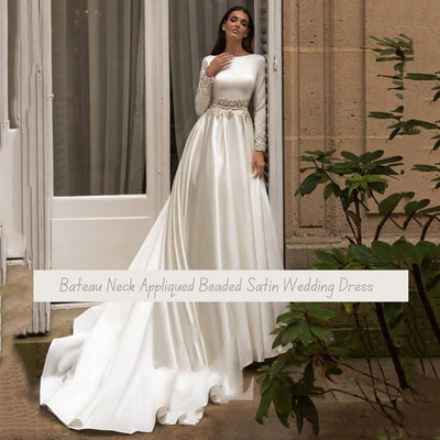 Bateau Neck Appliqued Beaded Satin Wedding Dress Vintage Wedding Dresses BlissGown 