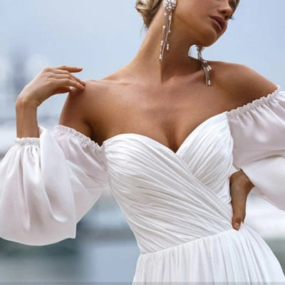Beach Backless Puffy Sleeves Chiffon Pleated Princess Bridal Gown Beach Wedding Dresses BlissGown 