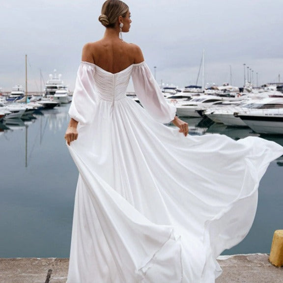 Beach Backless Puffy Sleeves Chiffon Pleated Princess Bridal Gown Beach Wedding Dresses BlissGown 