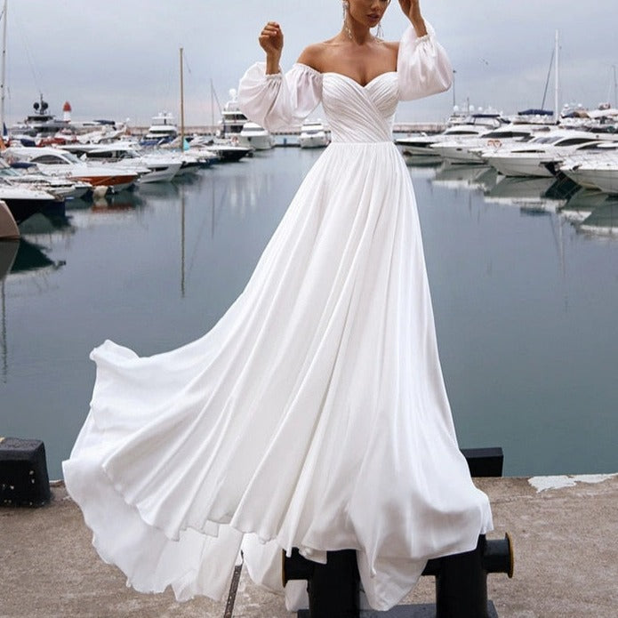 Beach Backless Puffy Sleeves Chiffon Pleated Princess Bridal Gown Beach Wedding Dresses BlissGown As Picture 2 