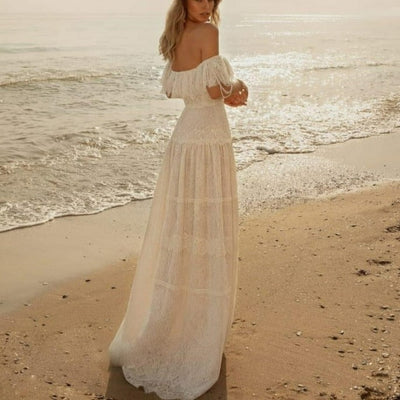 Beach Off Shoulder Ruffles A-Line Floor Length Wedding Dress Beach Wedding Dresses BlissGown 