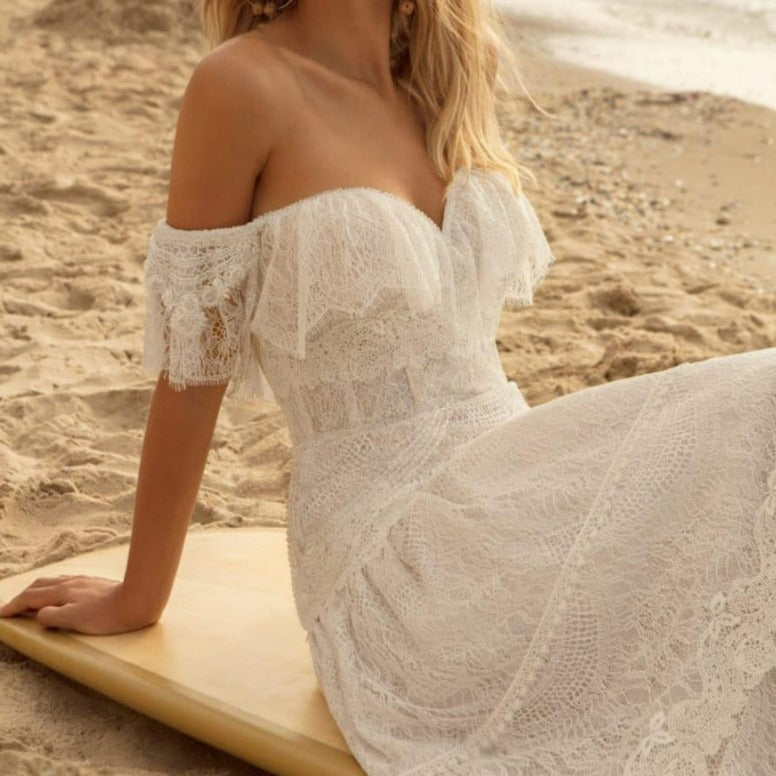 Beach Off Shoulder Ruffles A-Line Floor Length Wedding Dress Beach Wedding Dresses BlissGown As Picture 2 Floor Length
