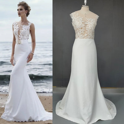Beach Satin Appliqued With Train Mermaid Beige Sheath Bridal Gown Beach Wedding Dresses BlissGown 