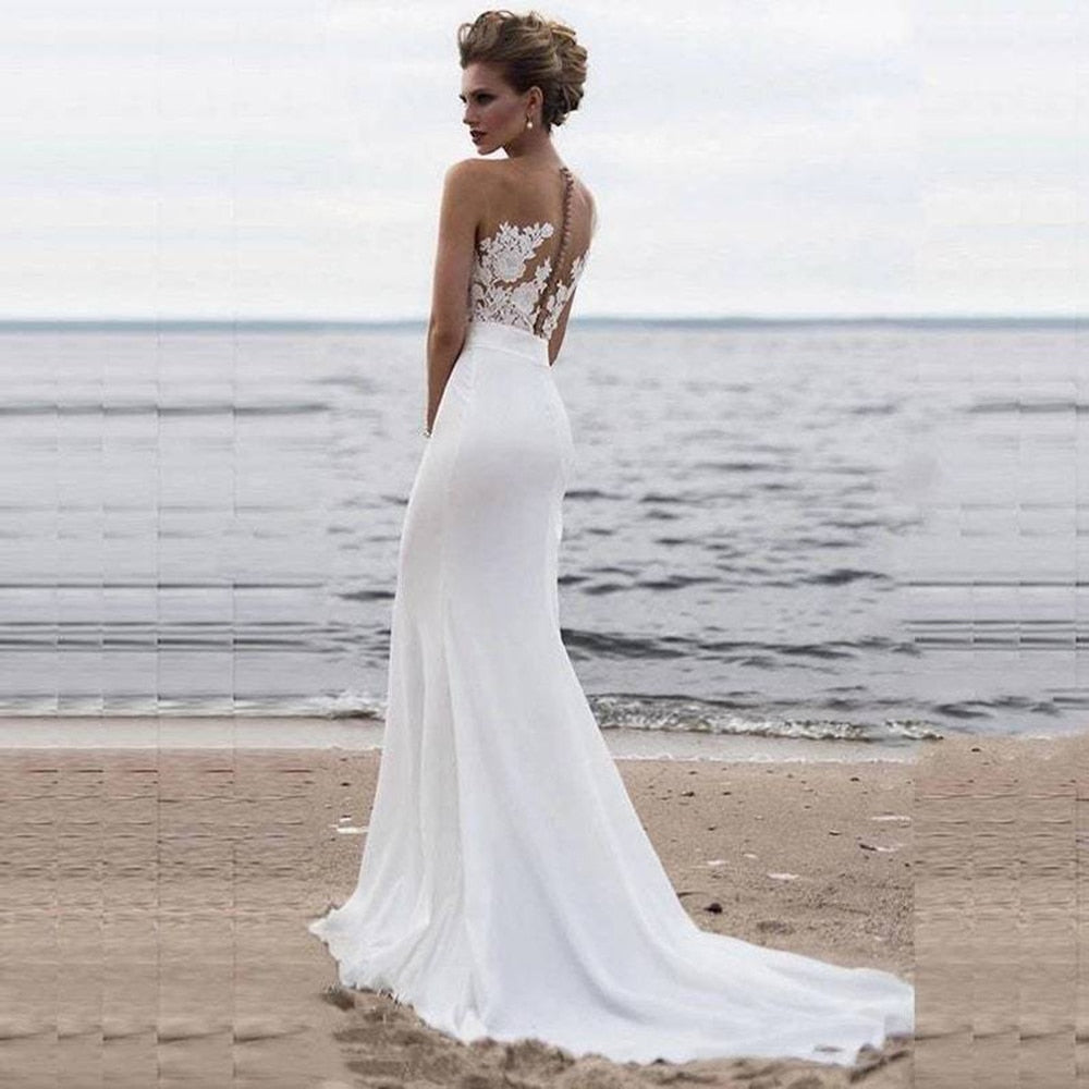 Beach Satin Appliqued With Train Mermaid Beige Sheath Bridal Gown Beach Wedding Dresses BlissGown 