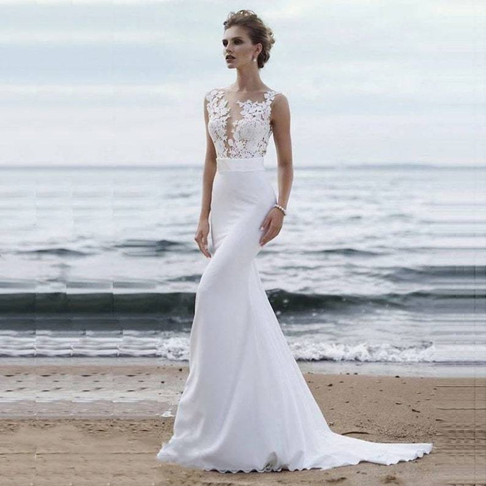 Beach Satin Appliqued With Train Mermaid Beige Sheath Bridal Gown Beach Wedding Dresses BlissGown As Picture 2 