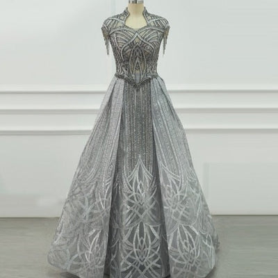 Beaded A Line Cap Sleeves Gray Formal Evening Dress Evening & Formal Dresses BlissGown as picture 14 