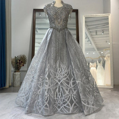 Beaded A Line Cap Sleeves Gray Formal Evening Dress Evening & Formal Dresses BlissGown As Picture 2 