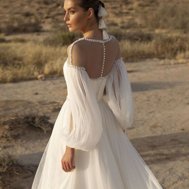 Beaded Long Sleeve A-Line Crystal Belt Wedding Dress Boho Wedding Dresses BlissGown 