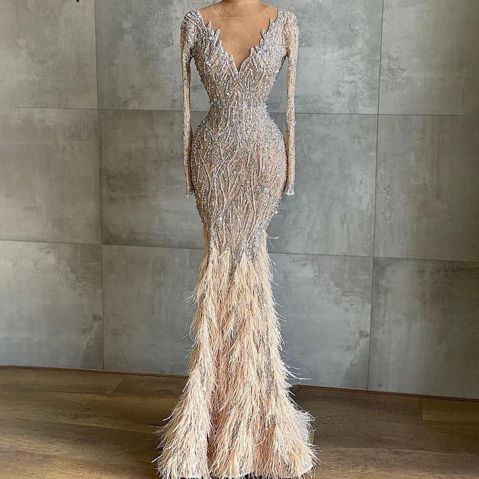 Beading Feathers Elegant Mermaid Luxury Evening Dress Evening & Formal Dresses BlissGown 