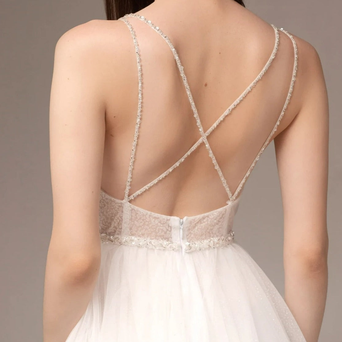 Beading Spaghetti Straps Tulle Open Back V-Neck Bridal Gown Boho Wedding Dresses BlissGown 