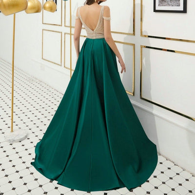 Beads Long Elegant Green Satin Evening Dress Evening & Formal Dresses BlissGown 