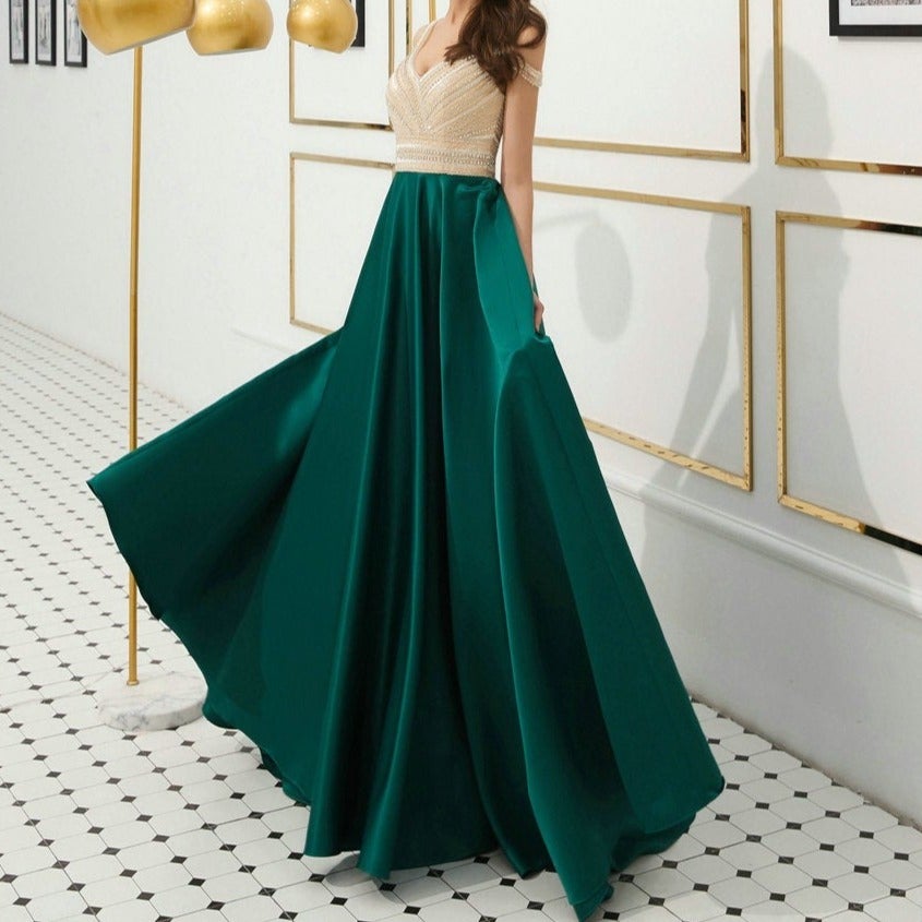 Beads Long Elegant Green Satin Evening Dress Evening & Formal Dresses BlissGown 