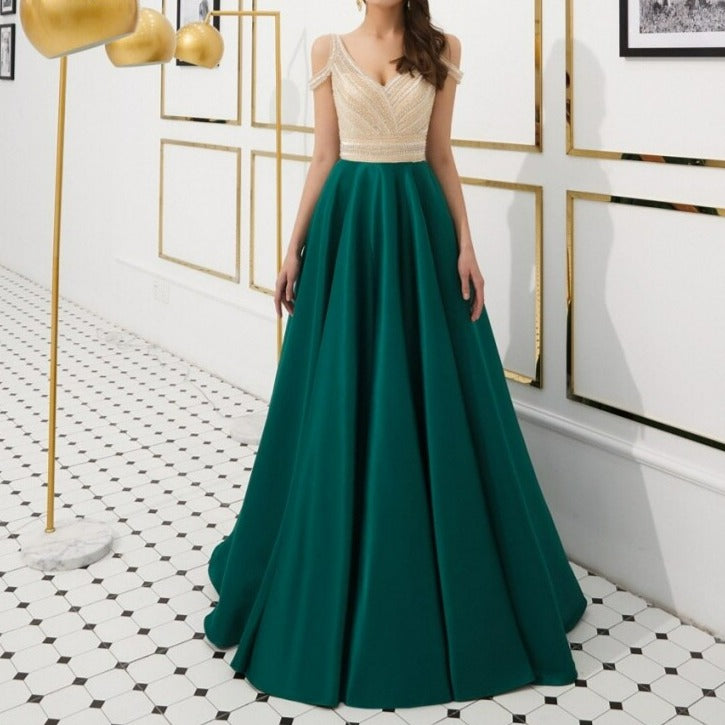 Beads Long Elegant Green Satin Evening Dress Evening & Formal Dresses BlissGown Green 2 
