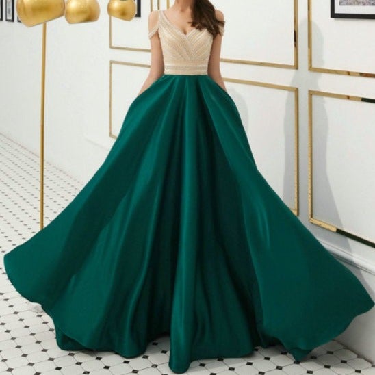 Beads Long Elegant Green Satin Evening Dress Evening & Formal Dresses BlissGown Green 6 