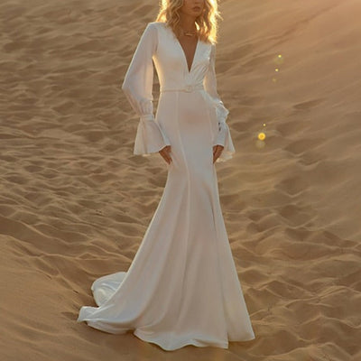 Bell Sleeve Romantic Mermaid Soft Satin Bridal Photoshoot Gown Vintage Wedding Dresses BlissGown 