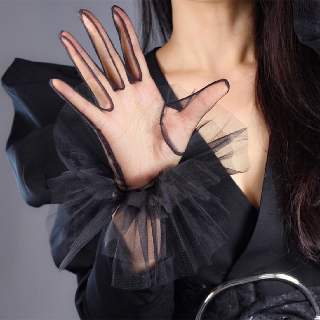 Black Dotted Transparent Wrist Length Bridal Gloves Wedding Accessories BlissGown 