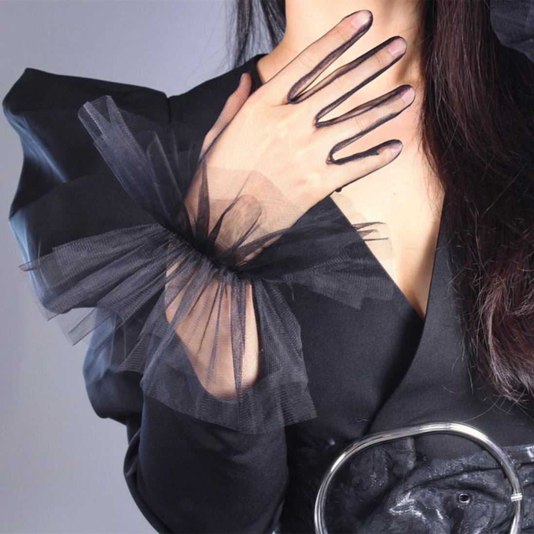 Black Dotted Transparent Wrist Length Bridal Gloves Wedding Accessories BlissGown Black 