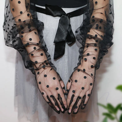 Black Dotted Transparent Wrist Length Bridal Gloves Wedding Accessories BlissGown Black Big Dot 