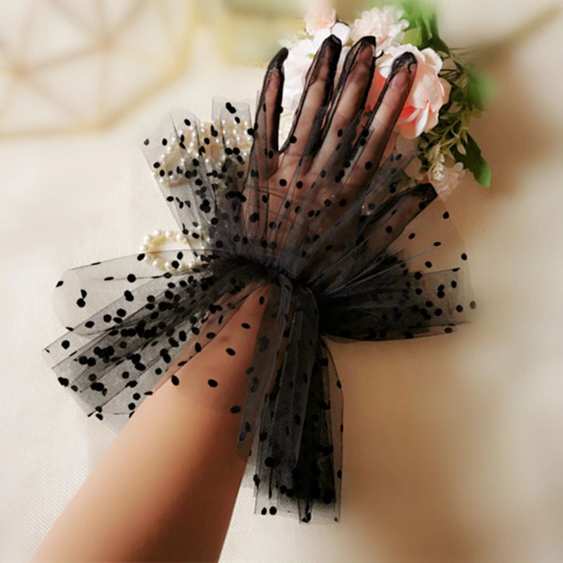 Black Dotted Transparent Wrist Length Bridal Gloves Wedding Accessories BlissGown Black Dot 