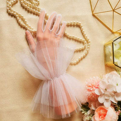 Black Dotted Transparent Wrist Length Bridal Gloves Wedding Accessories BlissGown White 