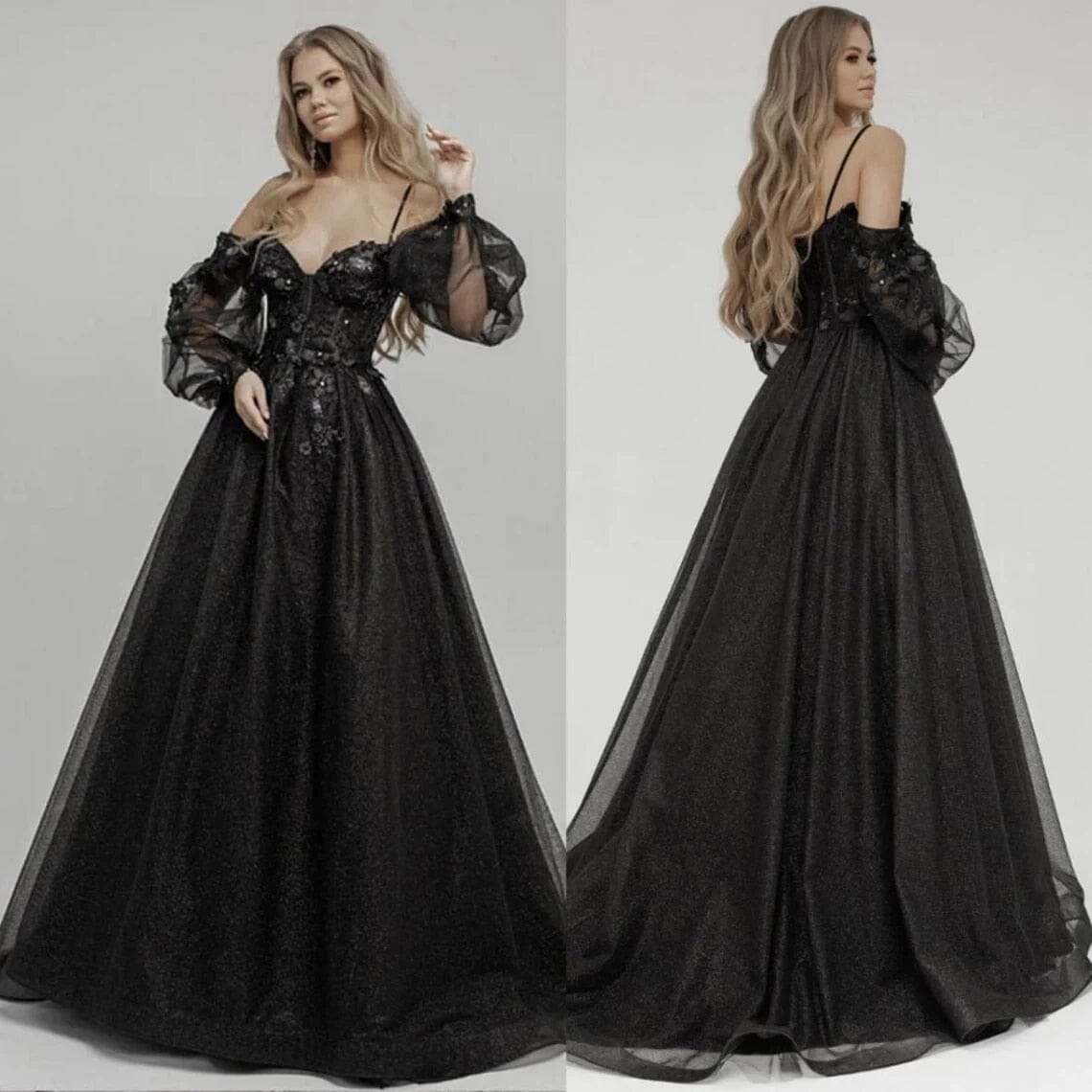 Black Glitter Puff Sleeves Spaghetti Strap Wedding Dress Classic Wedding Dresses BlissGown As Picture 2 