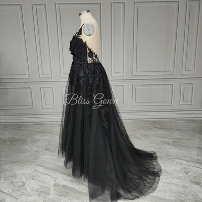Black Gothic High Side Split A-line Bridal Wedding Dress Vintage Wedding Dresses BlissGown 