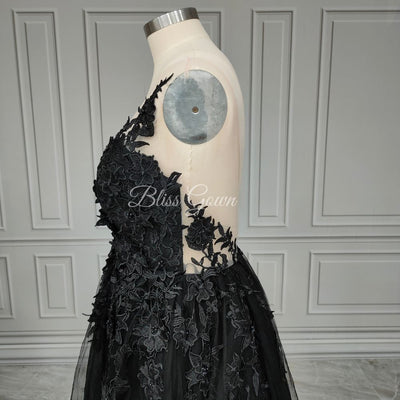 Black Gothic High Side Split A-line Bridal Wedding Dress Vintage Wedding Dresses BlissGown 