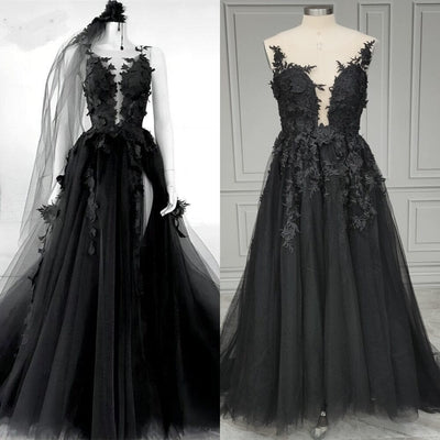Black Gothic High Side Split A-line Bridal Wedding Dress Vintage Wedding Dresses BlissGown Black 2 