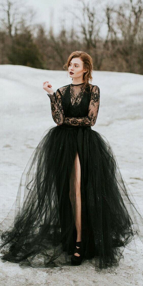 Black Gothic Organza Tulle Slit Bride Gowns Boho Wedding Dresses BlissGown Black 2 