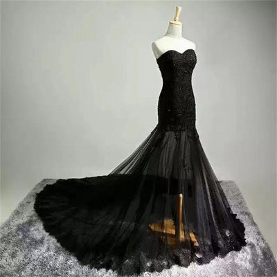 Black Lace Applique Lace Up Wedding Dress Boho Wedding Dresses BlissGown 