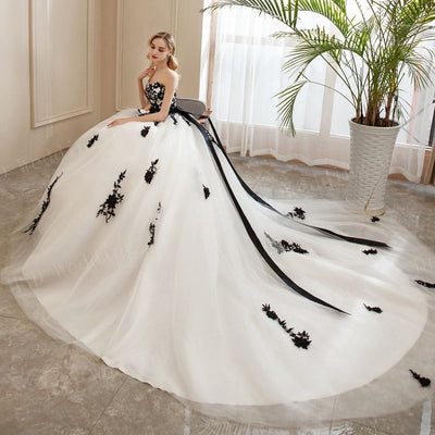 Black Lace Embroidery Appliques Bow Sashes Wedding Dress Classic Wedding Dresses BlissGown 