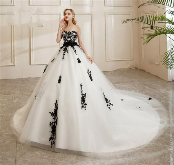 Black Lace Embroidery Appliques Bow Sashes Wedding Dress