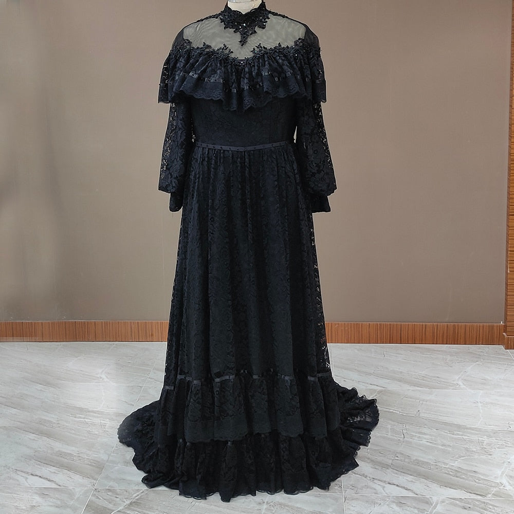 Black Long Sleeves High Neck Beading Sheer Buttons Wedding Dress Vintage Wedding Dresses BlissGown Black 2 50cm
