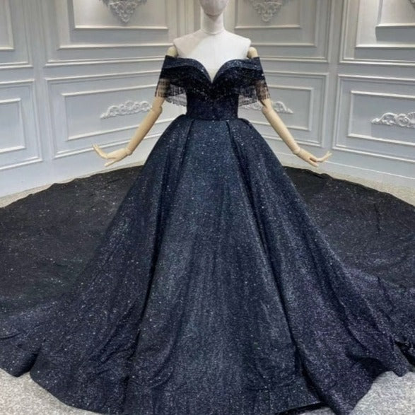 Black Luxury Off Shoulder Beading Tassel Sexy Wedding Dress – BlissGown