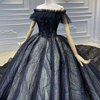 Black Luxury Sparkle Off Shoulder Diamond Beading Bridal Gown Luxury Wedding Dresses BlissGown 