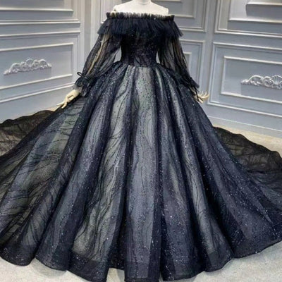Black Luxury Sparkle Off Shoulder Diamond Beading Bridal Gown Luxury Wedding Dresses BlissGown 