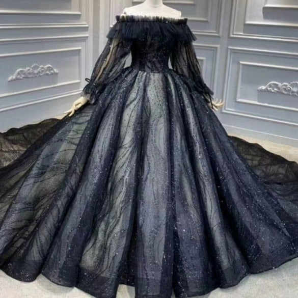 Black Luxury Sparkle Off Shoulder Diamond Beading Bridal Gown Luxury Wedding Dresses BlissGown Black 12 150cm
