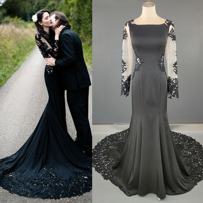Black Mermaid Floral Cutout Lace Alternative Wedding Dress Classic Wedding Dresses BlissGown 