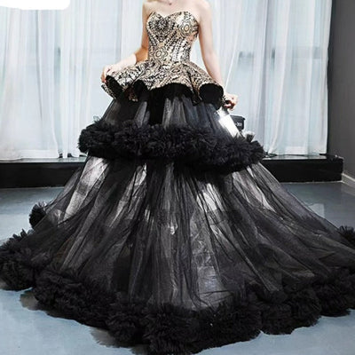 Black Off Shoulder Tiered Sequined Custom Made Bridal Gown Luxury Wedding Dresses BlissGown 