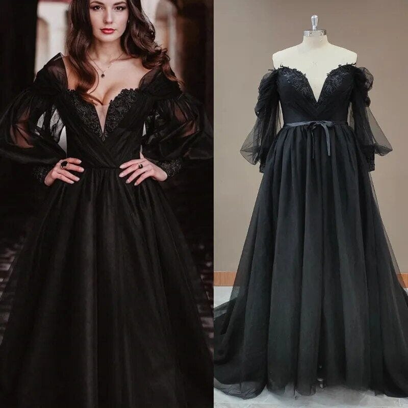 Black Puffy Long Sleeve Beaded Gothic Bridal Dress Vintage Wedding Dresses BlissGown Black 2 