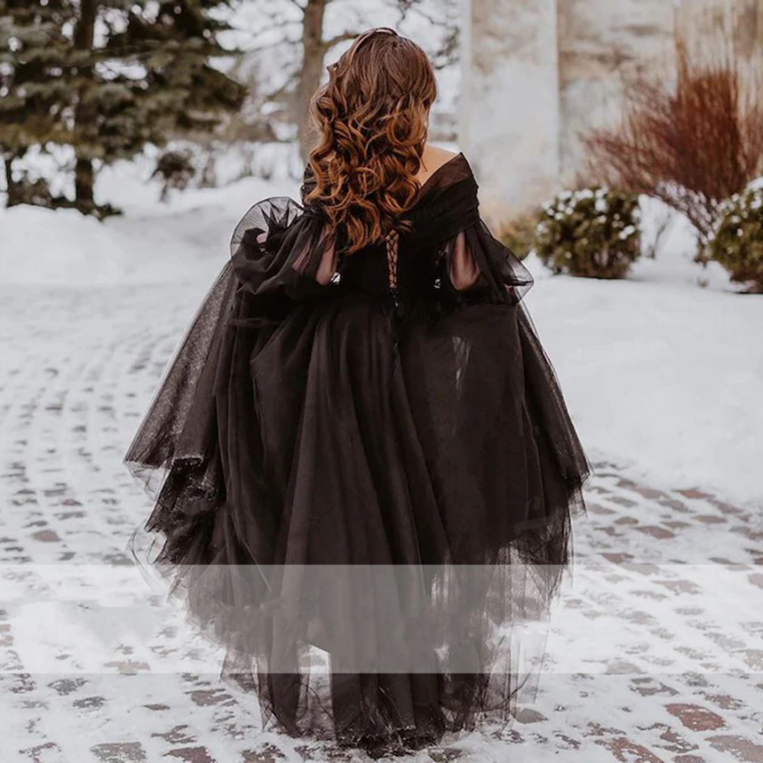 Black Puffy Long Sleeve Sweetheart Beaded Gothic Bridal Dress Classic Wedding Dresses BlissGown 