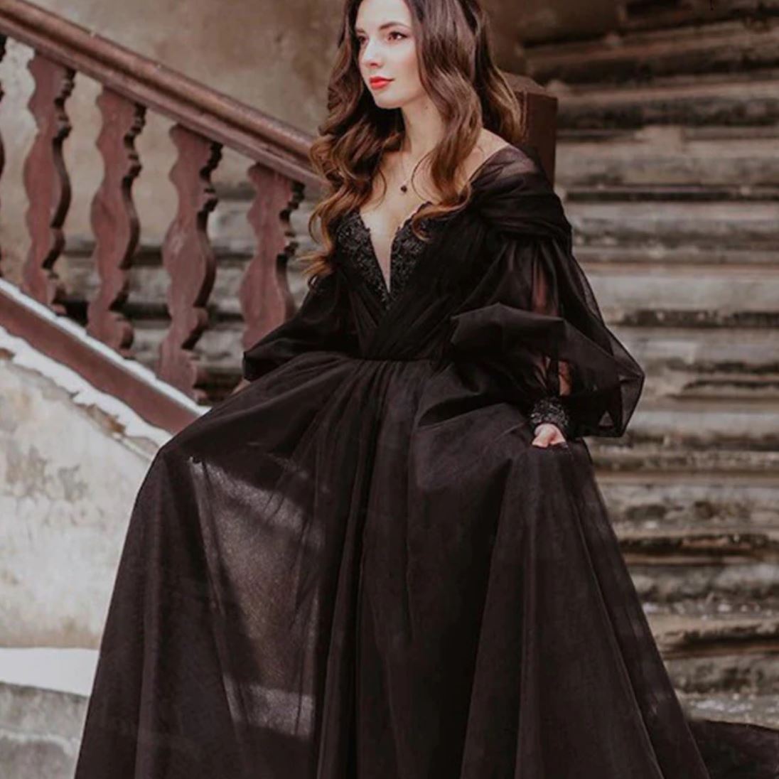 Black Puffy Long Sleeve Sweetheart Beaded Gothic Bridal Dress Classic Wedding Dresses BlissGown 
