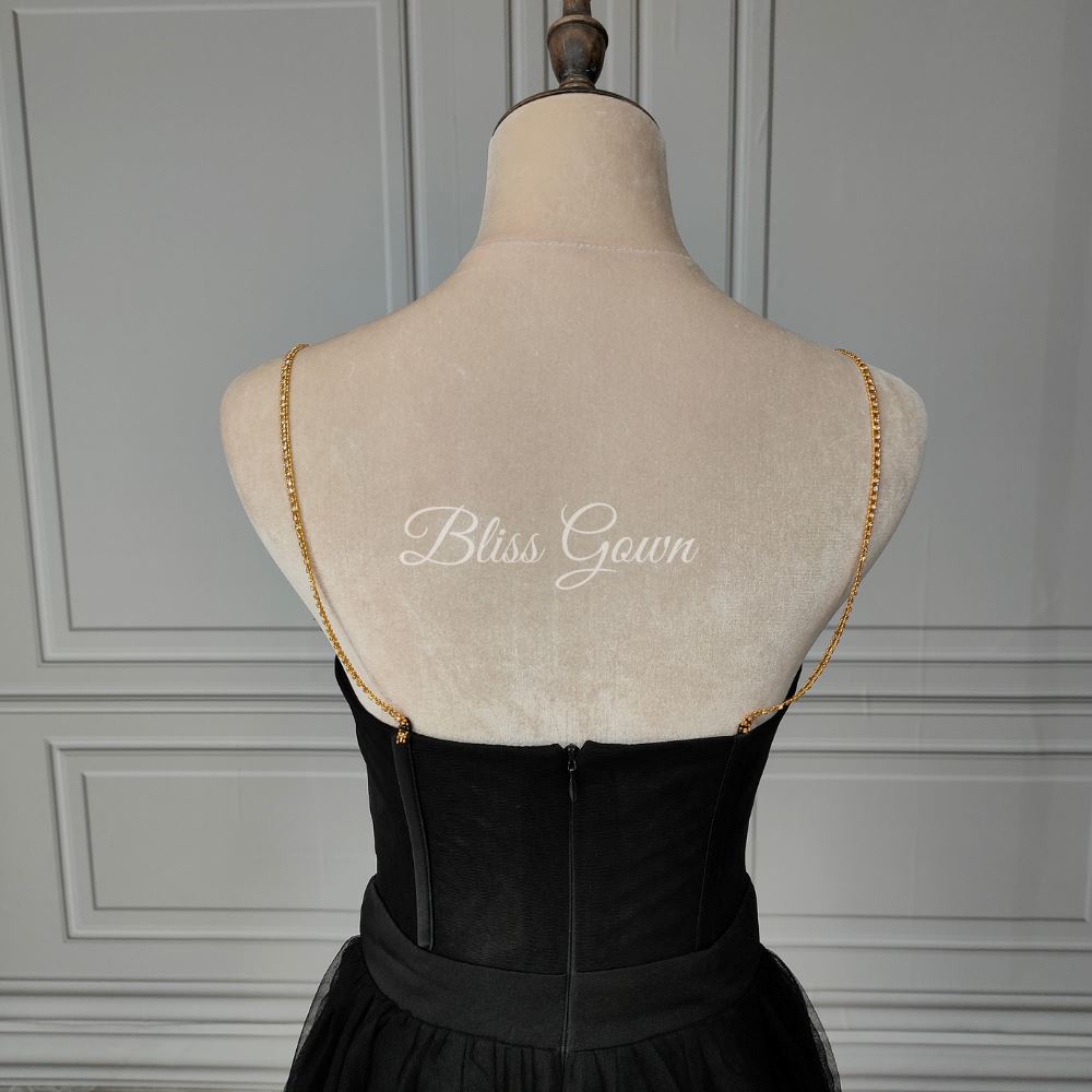 Black Split Front Spaghetti Straps Tulle Wedding Dress Classic Wedding Dresses BlissGown 