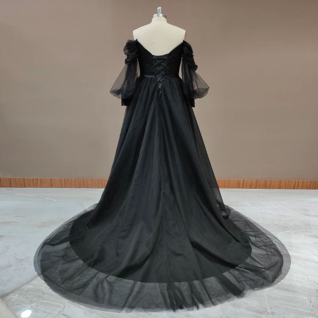 Black Strapless Puff Sleeves Sweep Train Boho Wedding Dress Boho Wedding Dresses BlissGown 