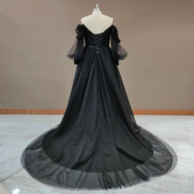Black Strapless Puff Sleeves Sweep Train Boho Wedding Dress Boho Wedding Dresses BlissGown 
