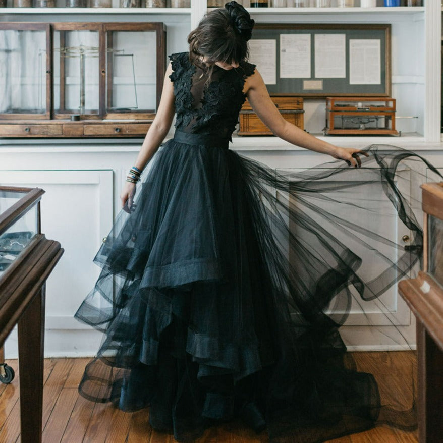 Black Tulle Back Appliqued Tiered Ruffles Scoop Rustic Bridal Gown Classic Wedding Dresses BlissGown 