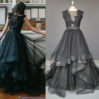 Black Tulle Back Appliqued Tiered Ruffles Scoop Rustic Bridal Gown Classic Wedding Dresses BlissGown White 2 50cm