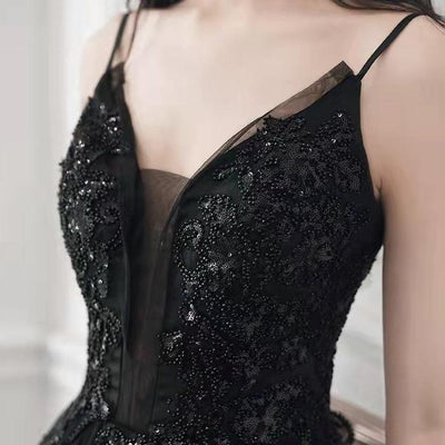 Black V-neck Spaghetti Straps Evening Dress Evening & Formal Dresses BlissGown 