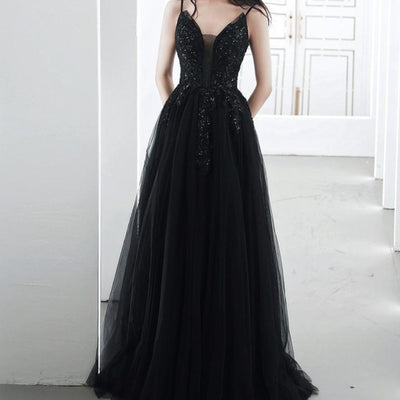 Black V-neck Spaghetti Straps Evening Dress Evening & Formal Dresses BlissGown 