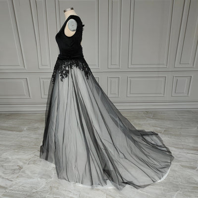 Black Velvet Tulle Open Back Crystals Bridal Gown Vintage Wedding Dresses BlissGown 